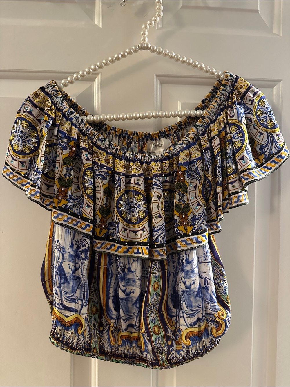 Camilla Pure 100% Silk Ruffle Top Blue Yellow XS